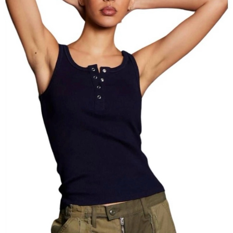 Nsf Henley-Style Bell Snap Ribbed Tank In Rinse Navy, Size Xs